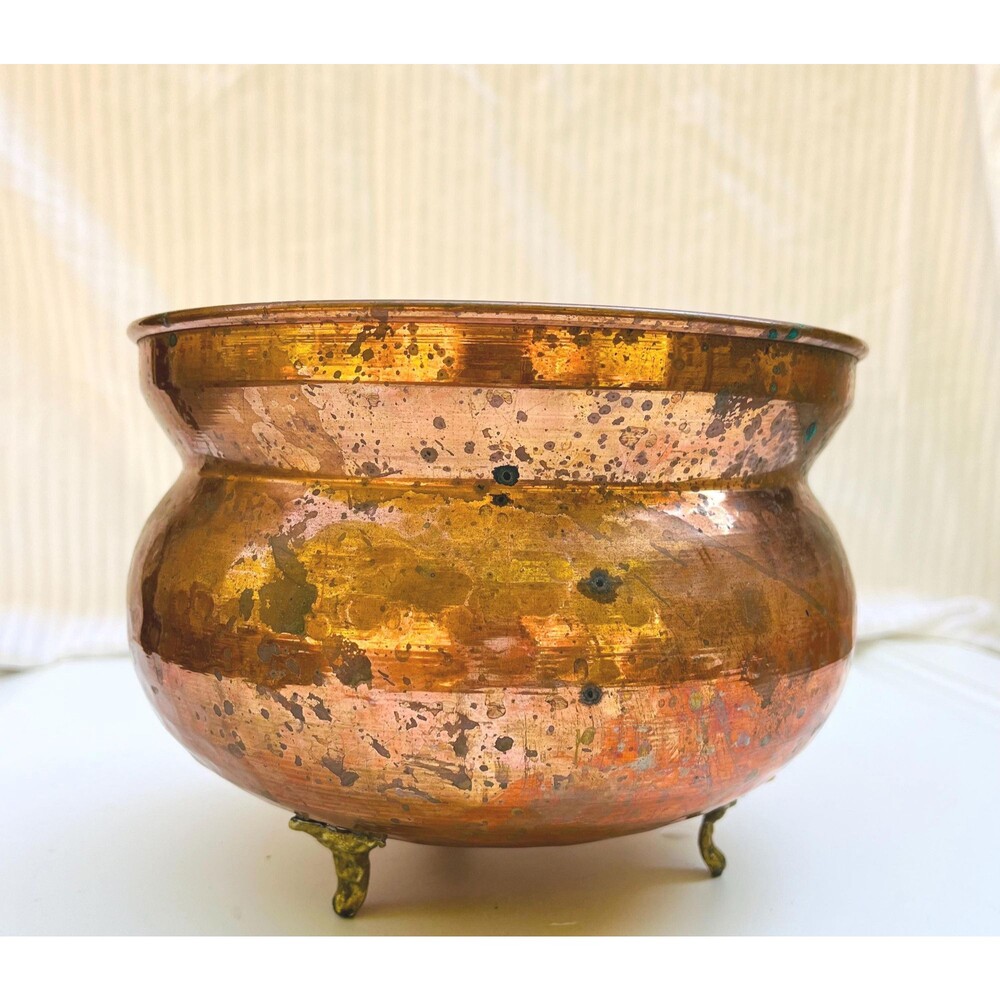 Vintage Hammered Copper Planter Pot Flower Cachepot Brass Footed | Mid Century